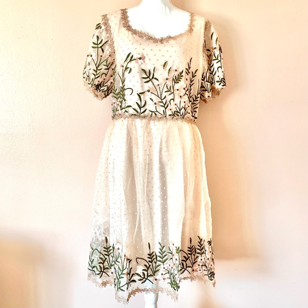 Belle Terre Cream, Blush, Tan, Green Lace Embroidered Floral Dot Tulle Dress.